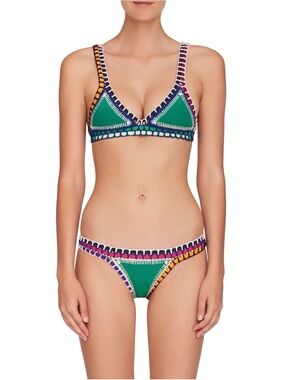 KIINI Green Triangle Bikini with Multicolor Crochet Trim Size M